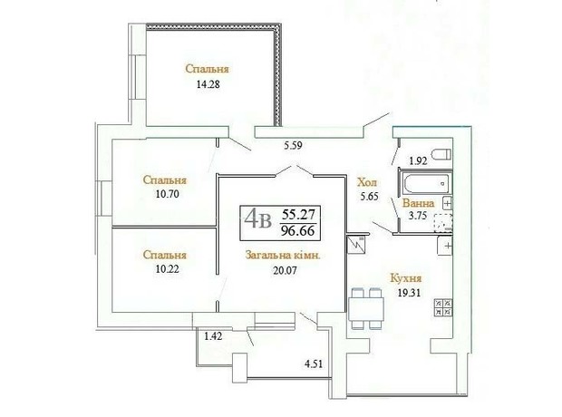 ЖК ул. Плоская, 23/1: планировка 3-комнатной квартиры 96.66 м²