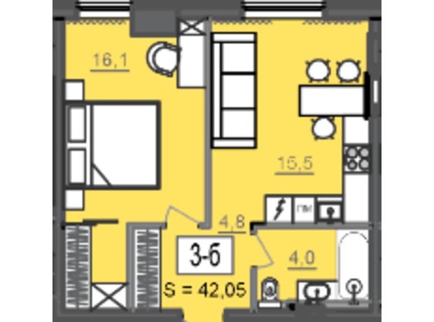 БФК Cite: планування 1-кімнатної квартири 42.05 м²