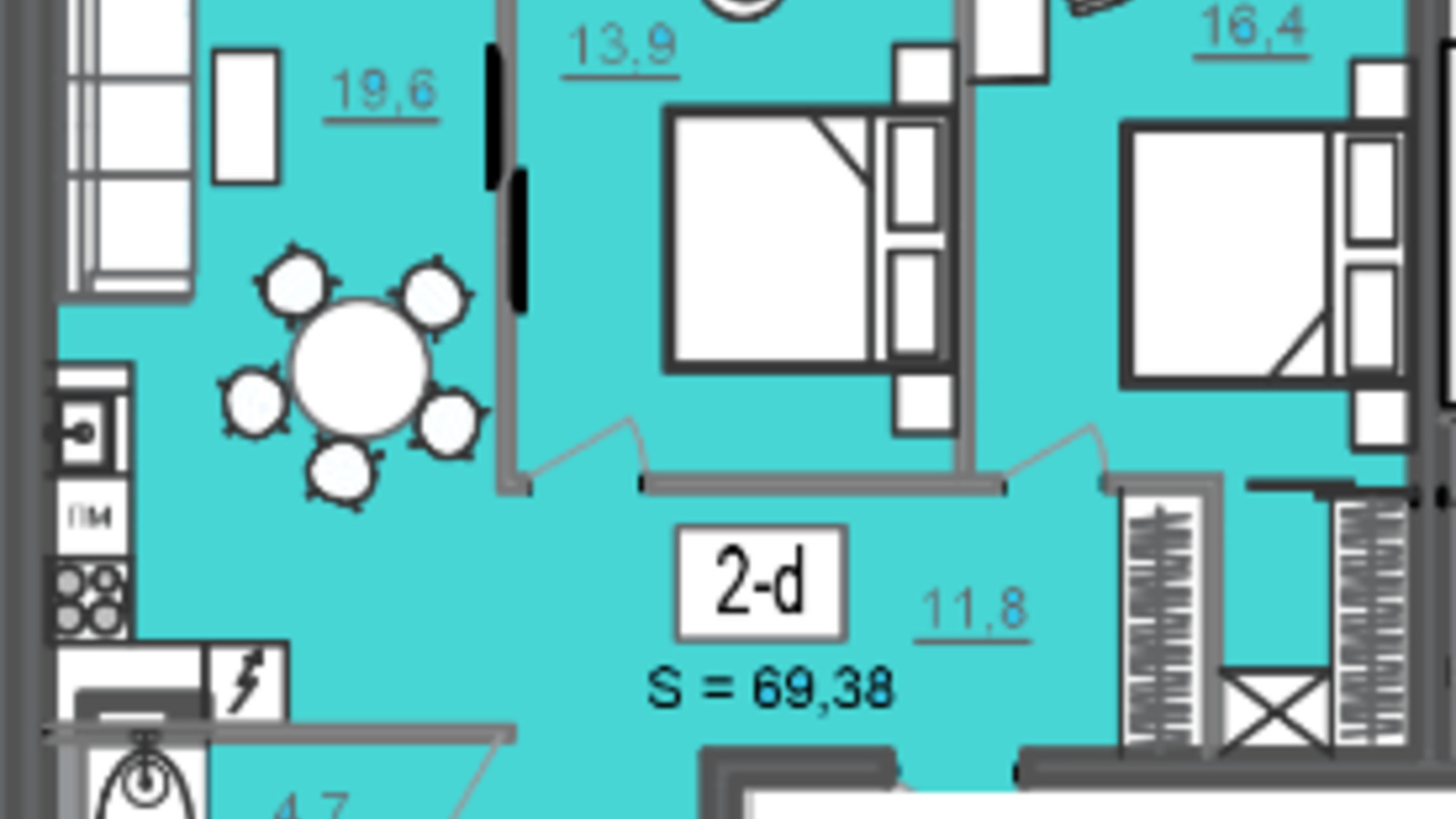 Планування 2-кімнатної квартири в БФК Cite 69.38 м², фото 350397