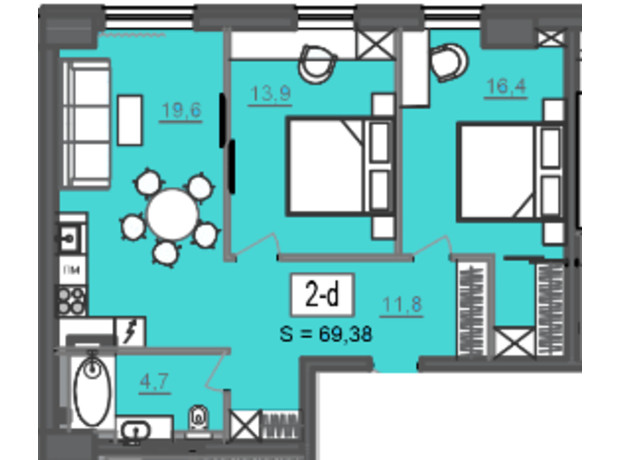 МФК Cite: планировка 2-комнатной квартиры 69.38 м²