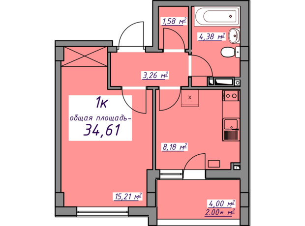 ЖК Сьоме небо: планування 1-кімнатної квартири 34.61 м²