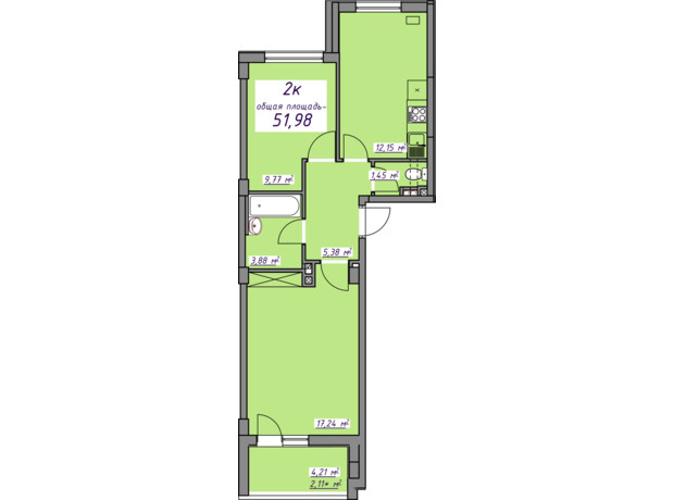 ЖК Седьмое небо: планировка 2-комнатной квартиры 51.98 м²