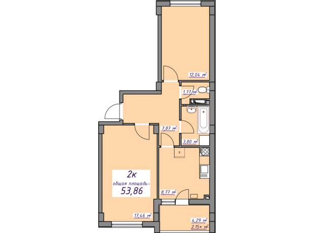 ЖК Седьмое небо: планировка 2-комнатной квартиры 53.86 м²