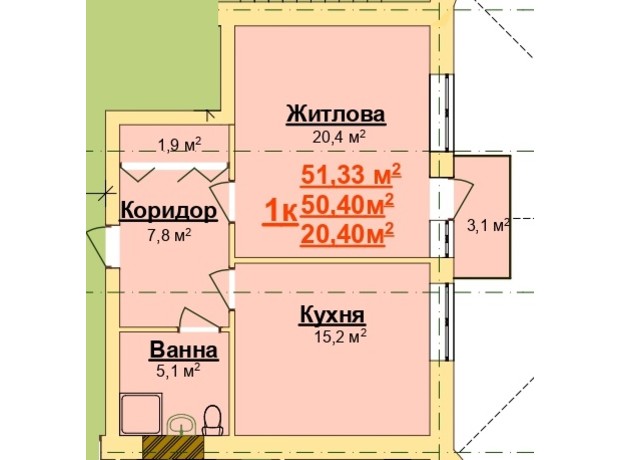 ЖК Парк Стоун: планування 1-кімнатної квартири 51.33 м²