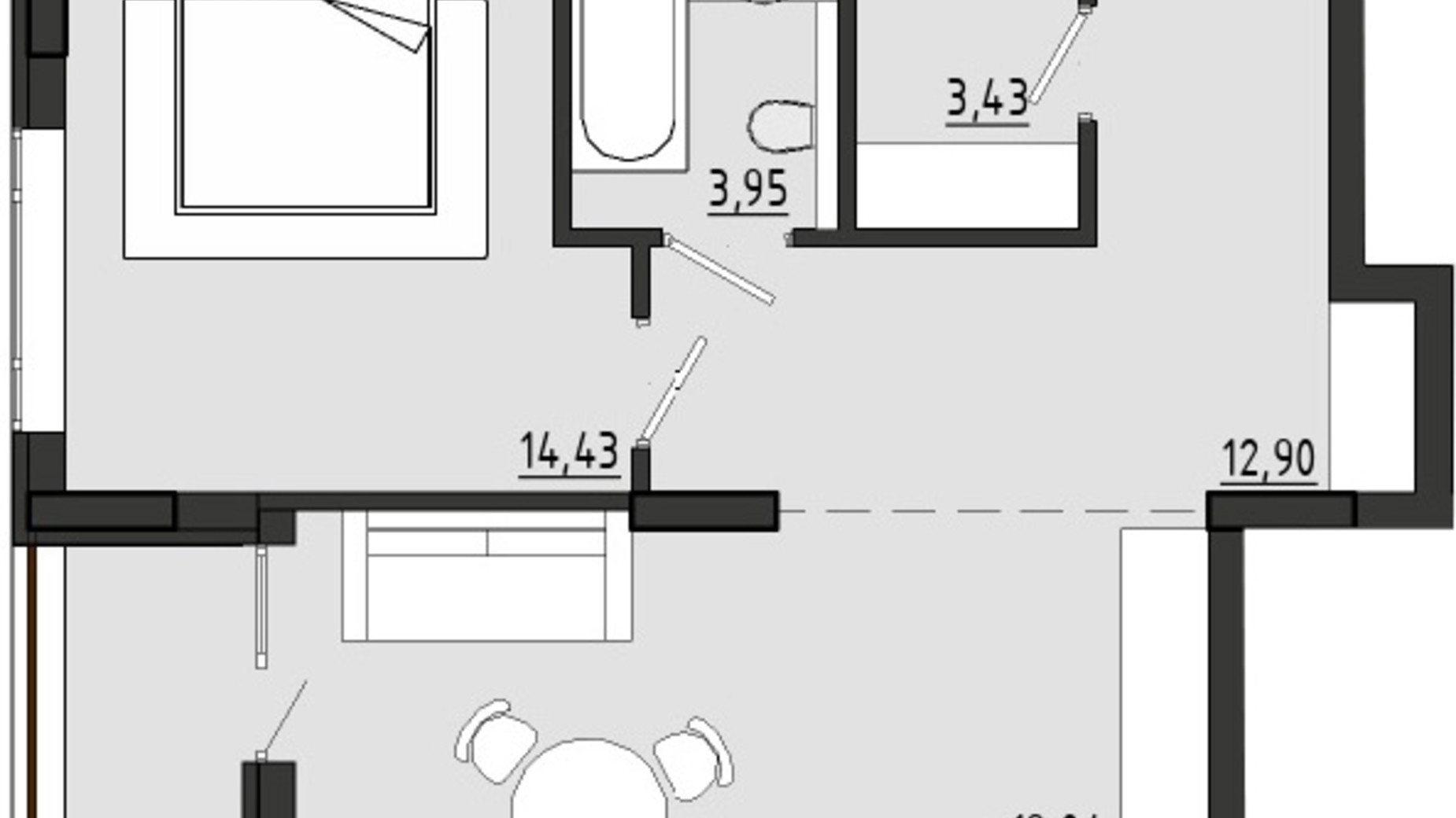 Планування 1-кімнатної квартири в ЖР Сади Рів'єри 55.41 м², фото 351768