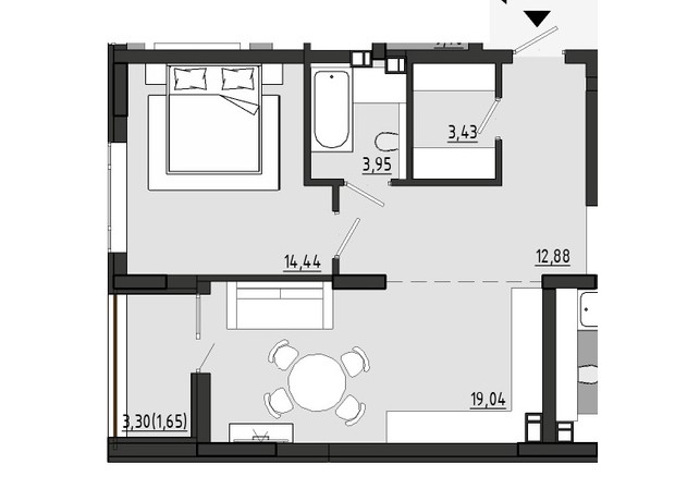 ЖР Сади Рів'єри: планування 1-кімнатної квартири 55.39 м²