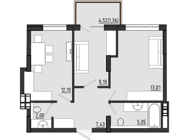 ЖР Сады Ривьеры: планировка 2-комнатной квартиры 50.02 м²