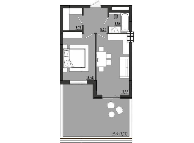 ЖР Сади Рів'єри: планування 1-кімнатної квартири 51.24 м²