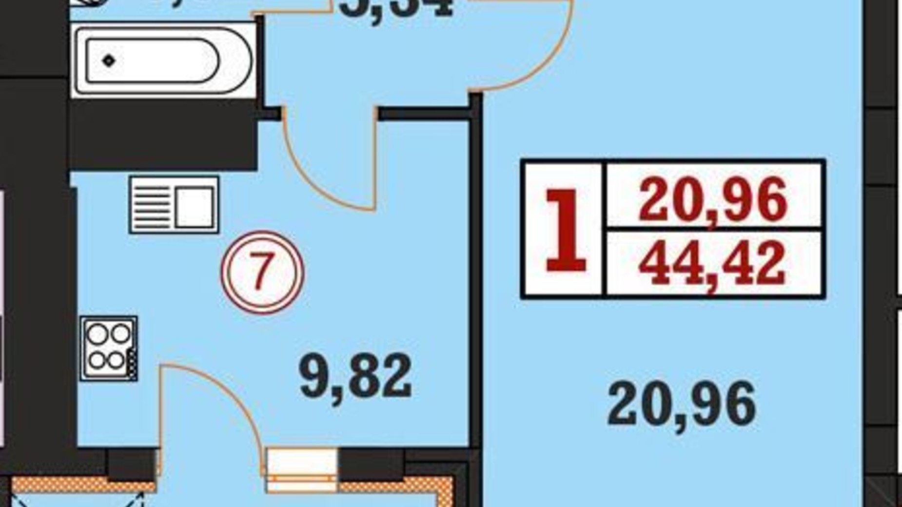 Планировка 1-комнатной квартиры в ЖК Гетьманский 44.42 м², фото 352083