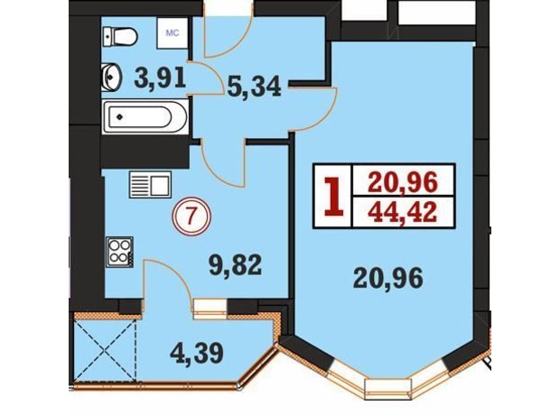 ЖК Гетьманський: планування 1-кімнатної квартири 44.42 м²