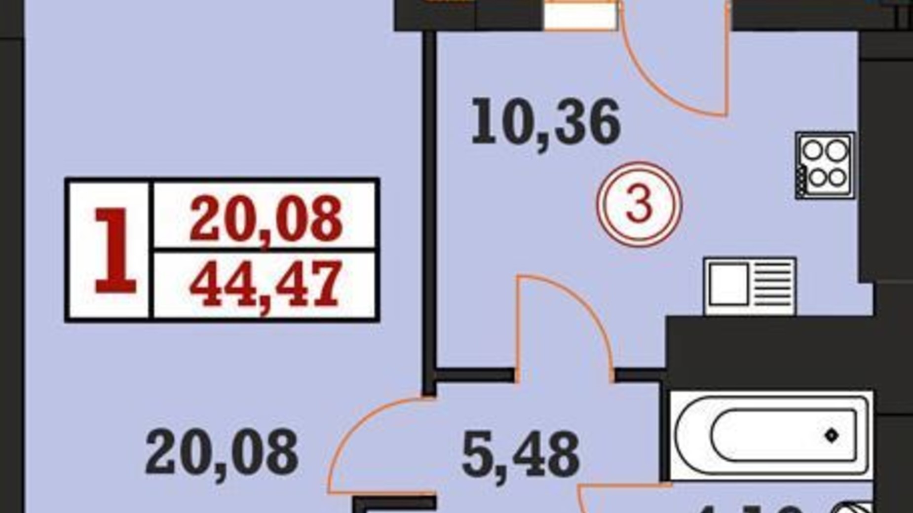 Планировка 1-комнатной квартиры в ЖК Гетьманский 44.47 м², фото 352085