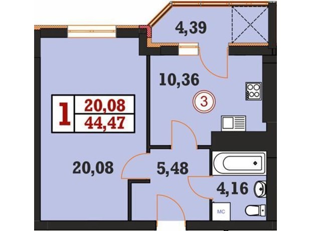 ЖК Гетьманський: планування 1-кімнатної квартири 44.47 м²