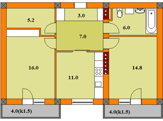 ЖК Vidon: планування 2-кімнатної квартири 65 м²