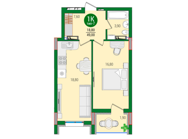 ЖК Q-smart: планування 1-кімнатної квартири 49.4 м²