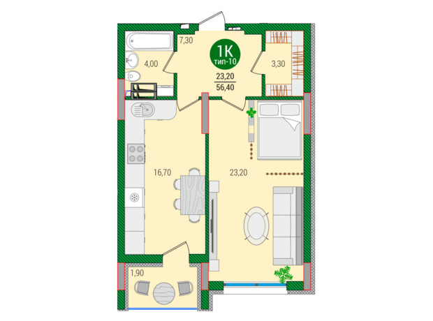 ЖК Q-smart: планування 1-кімнатної квартири 56.4 м²