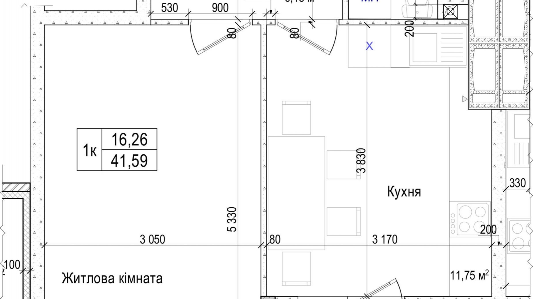 Планировка 1-комнатной квартиры в ЖК Атлант на Киевской 41.59 м², фото 353099