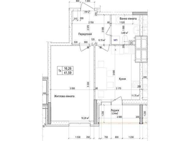 ЖК Атлант на Киевской: планировка 1-комнатной квартиры 41.59 м²