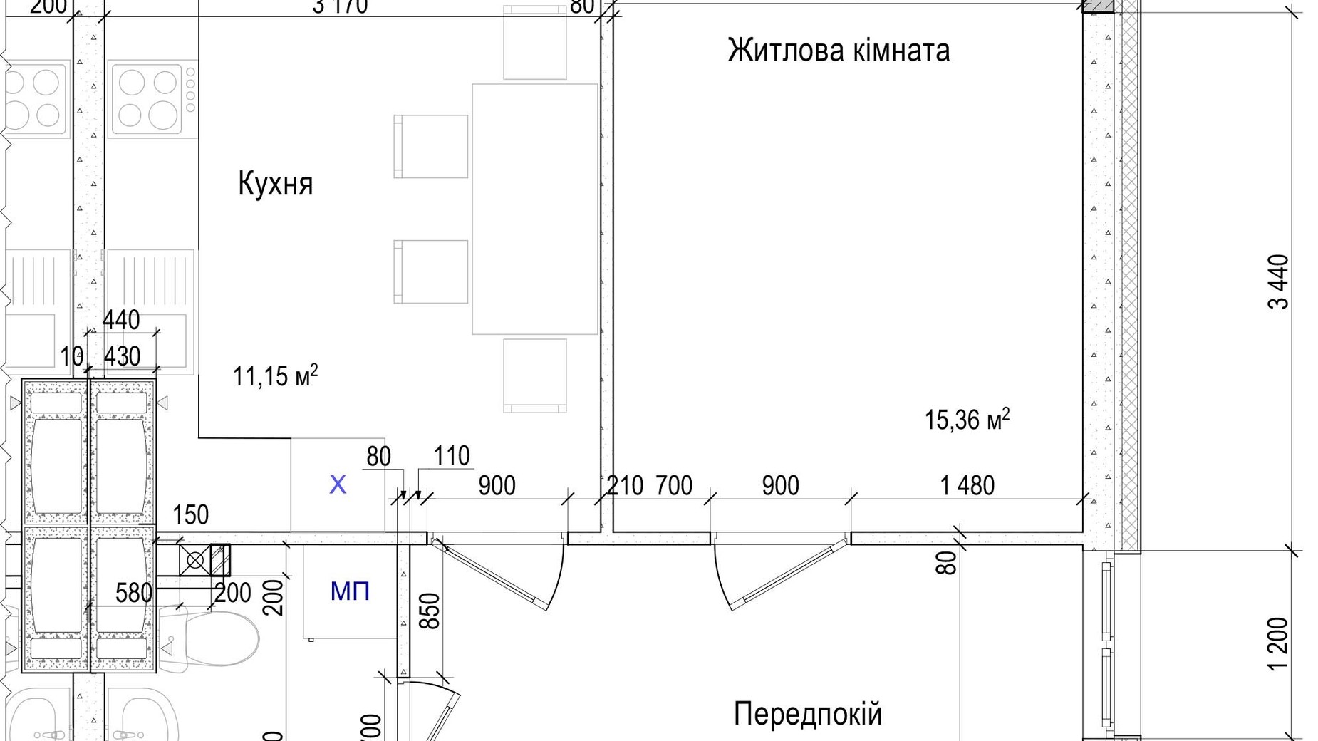 Планування 1-кімнатної квартири в ЖК Атлант на Київській 46.37 м², фото 353100