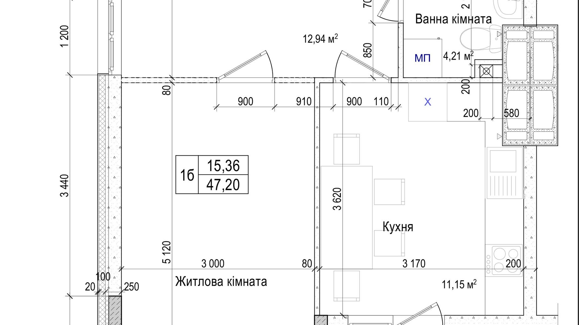 Планування 1-кімнатної квартири в ЖК Атлант на Київській 47.2 м², фото 353101