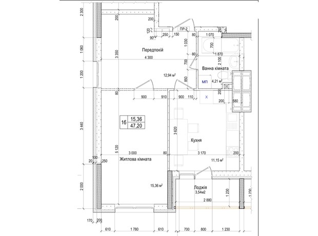 ЖК Атлант на Київській: планування 1-кімнатної квартири 47.2 м²