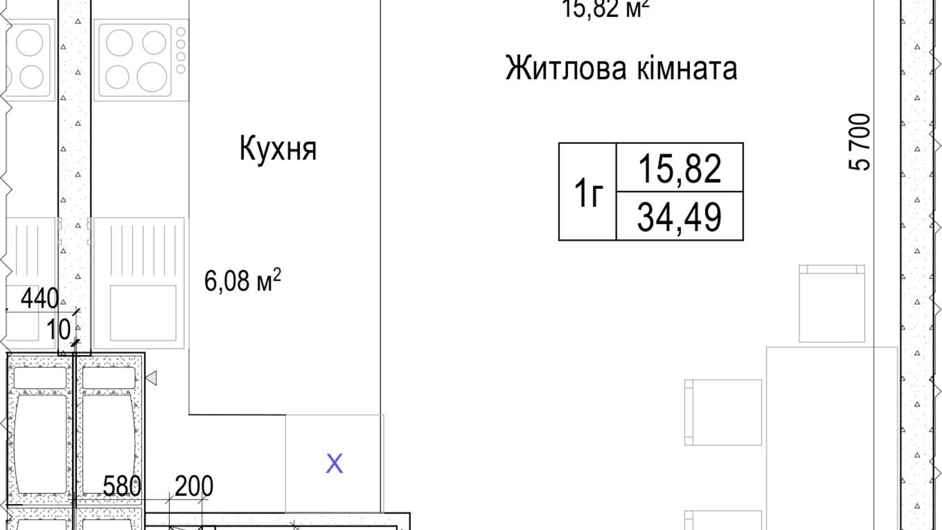 Планировка 1-комнатной квартиры в ЖК Атлант на Киевской 34.49 м², фото 353102