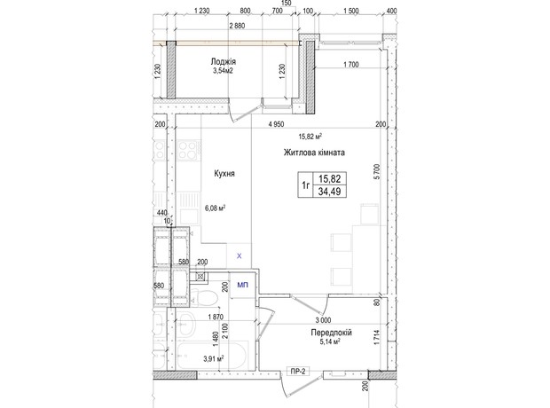 ЖК Атлант на Киевской: планировка 1-комнатной квартиры 34.49 м²