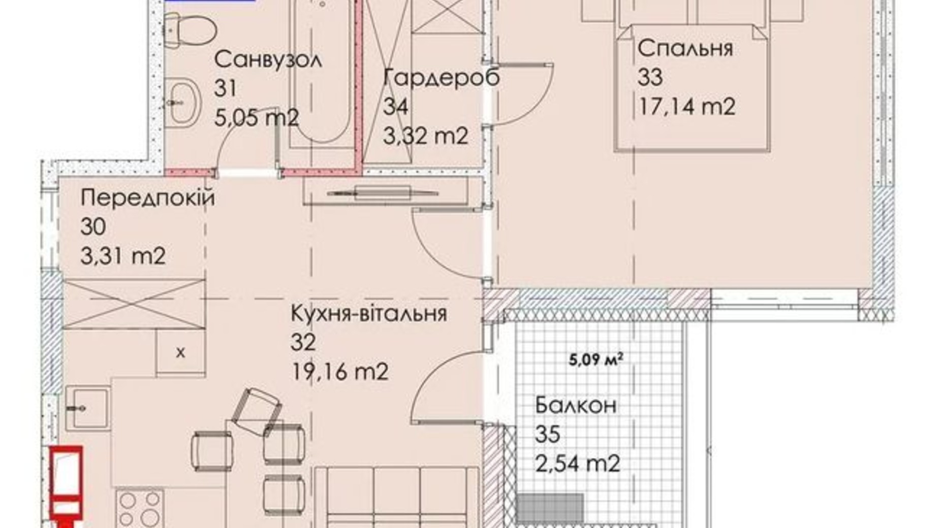 Планування 1-кімнатної квартири в ЖК Maverick Residental Complex 50.52 м², фото 353103
