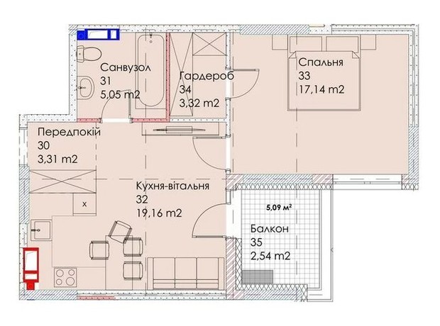 ЖК Maverick Residental Complex: планування 1-кімнатної квартири 50.52 м²