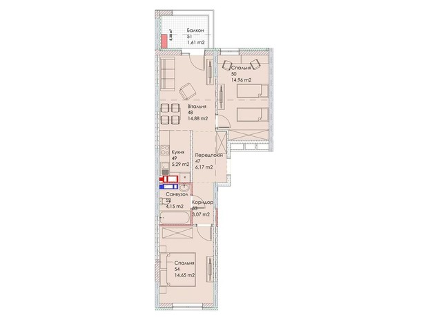 ЖК Maverick Residental Complex: планировка 2-комнатной квартиры 64.78 м²