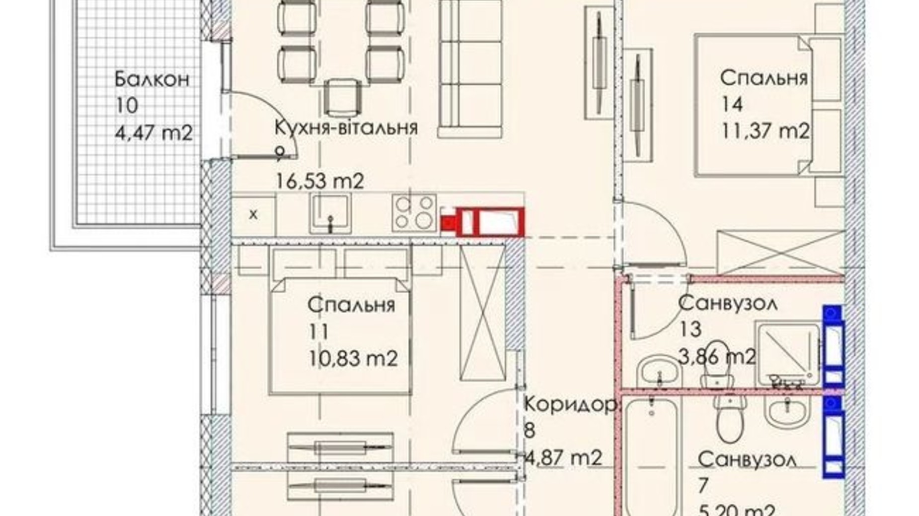 Планування 3-кімнатної квартири в ЖК Maverick Residental Complex 75.77 м², фото 353109