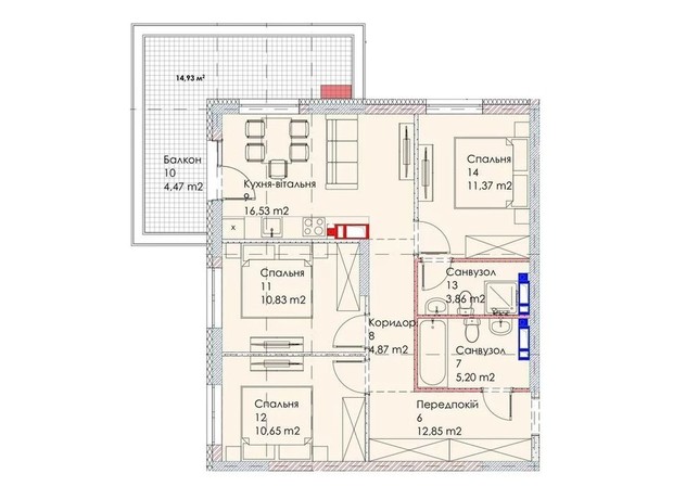 ЖК Maverick Residental Complex: планування 3-кімнатної квартири 75.77 м²