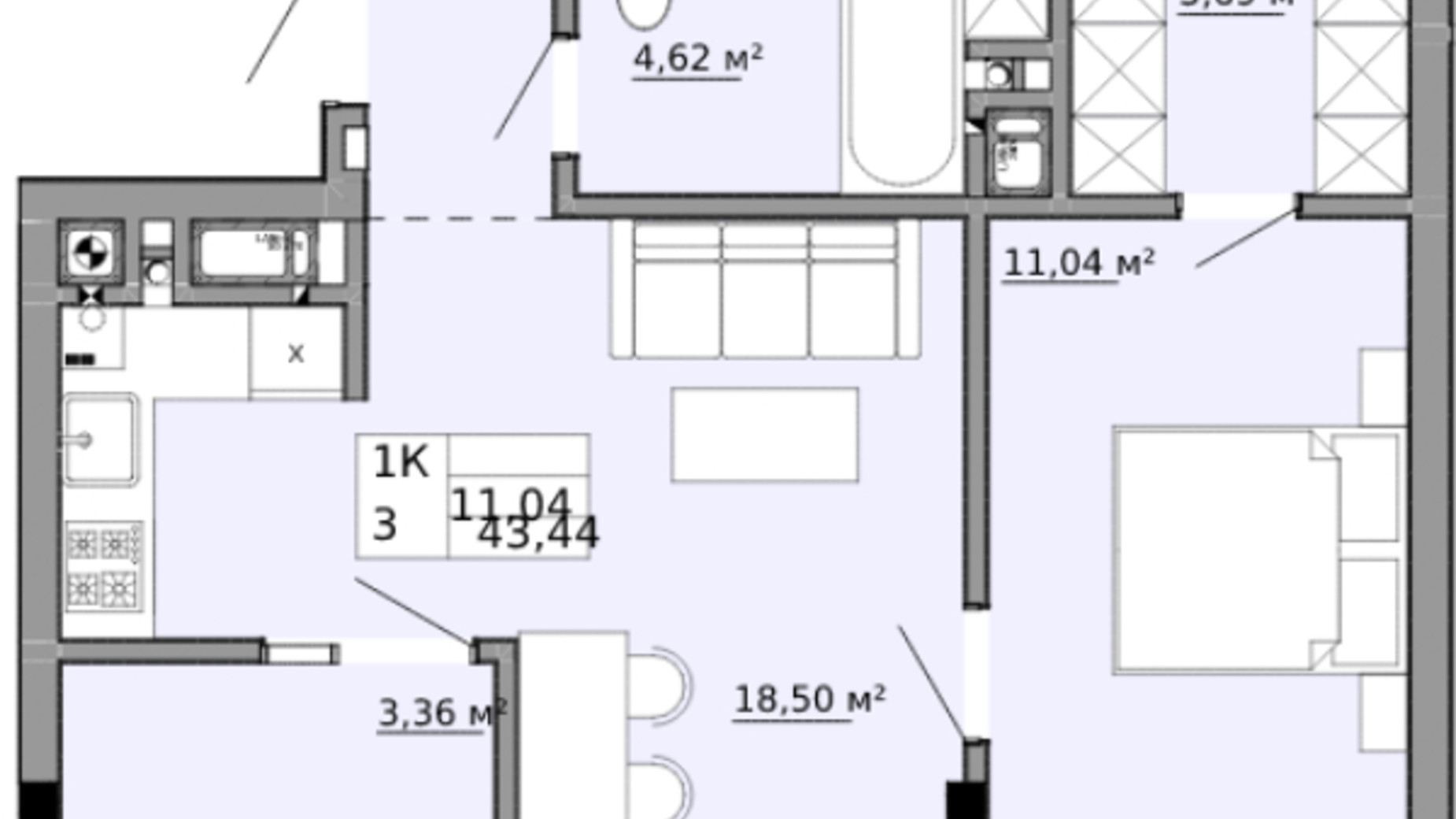 Планування 1-кімнатної квартири в ЖК Family House  43.44 м², фото 353845