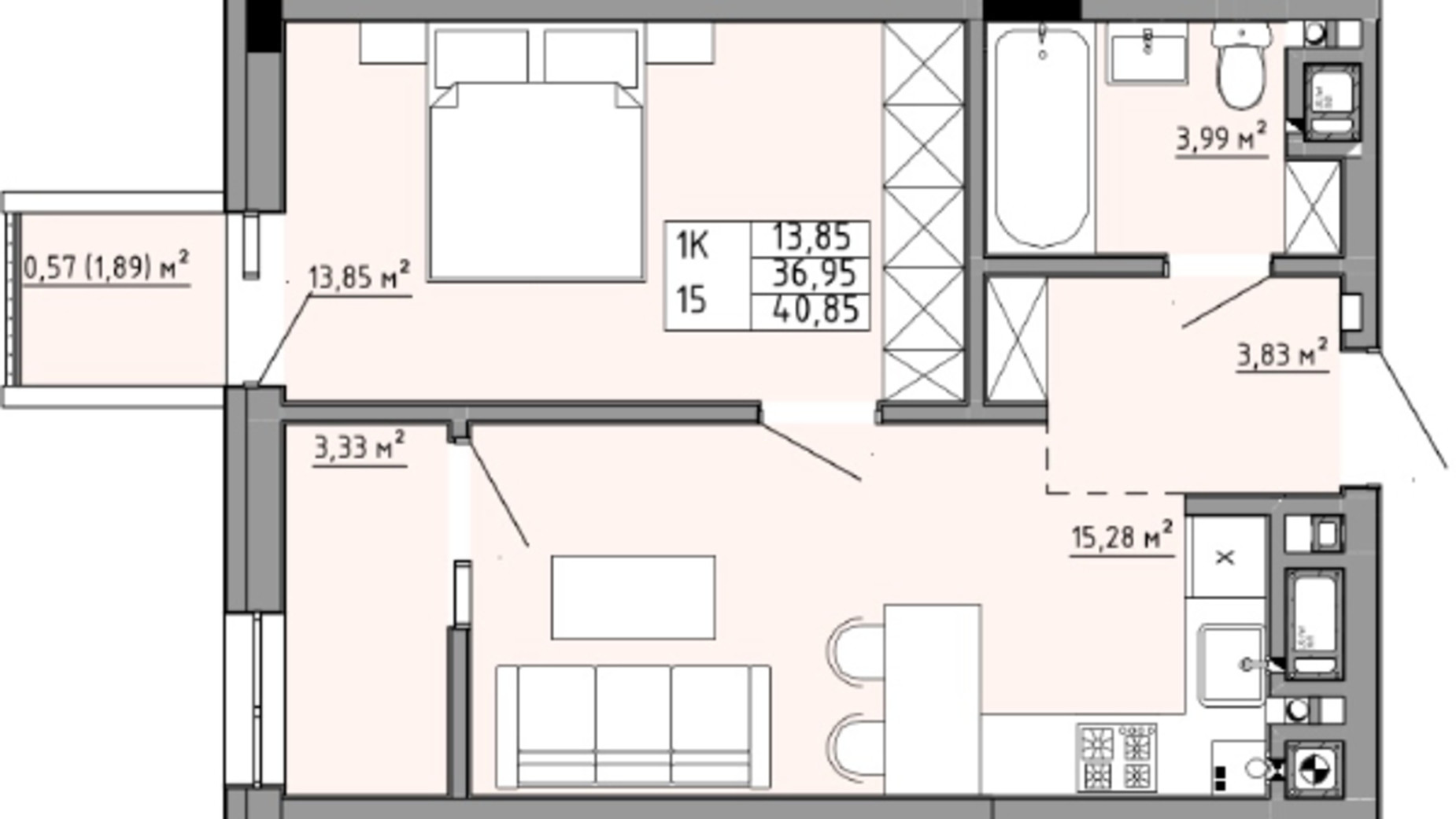 Планування 1-кімнатної квартири в ЖК Family House  40.85 м², фото 353864