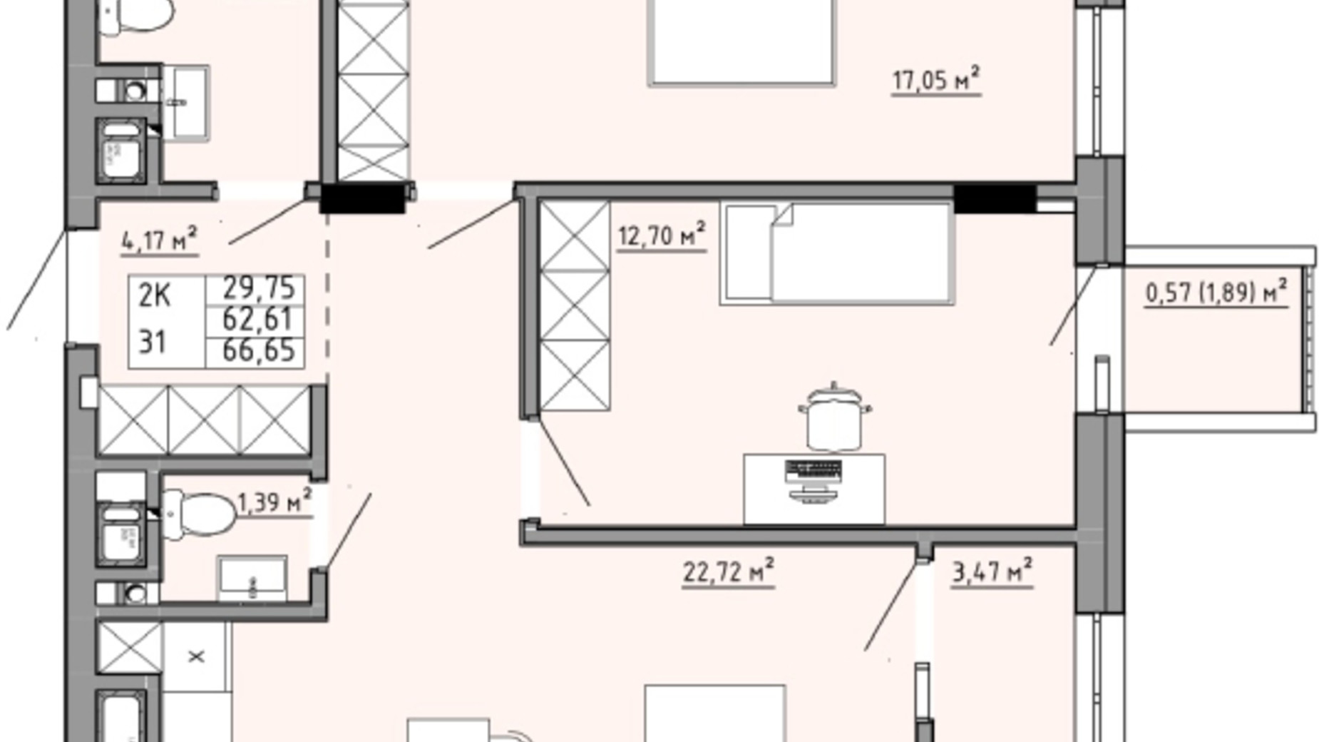 Планування 2-кімнатної квартири в ЖК Family House  66.65 м², фото 353870