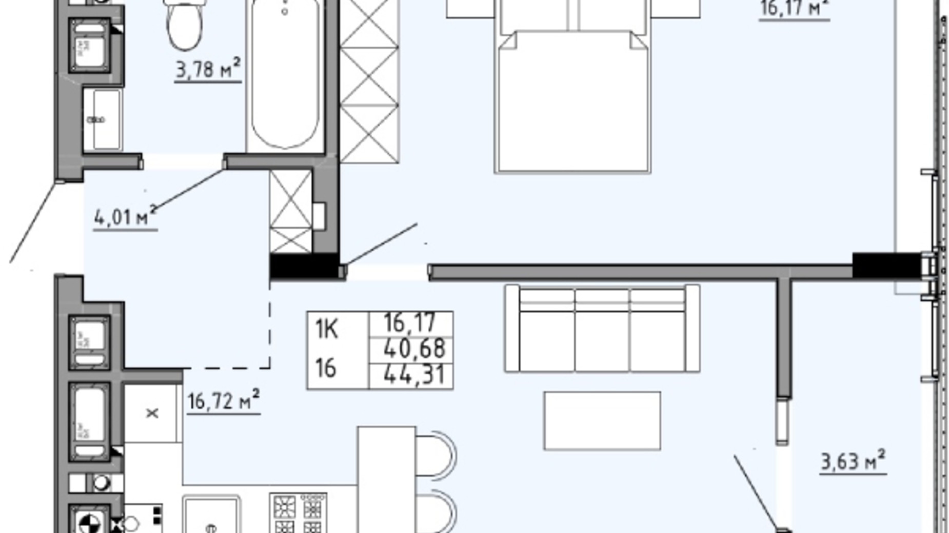 Планування 1-кімнатної квартири в ЖК Family House  44.31 м², фото 353876