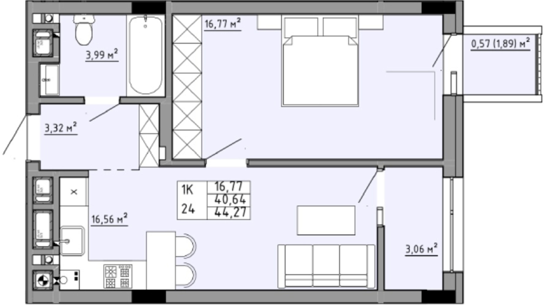 Планування 1-кімнатної квартири в ЖК Family House  44.27 м², фото 353884
