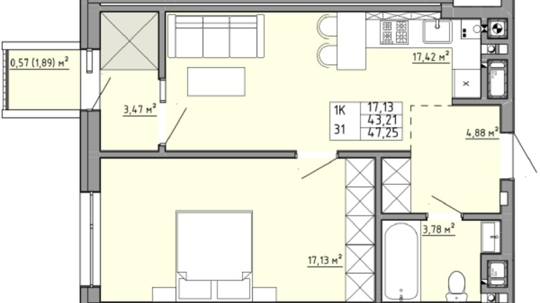 Планування 1-кімнатної квартири в ЖК Family House  47.25 м², фото 353888