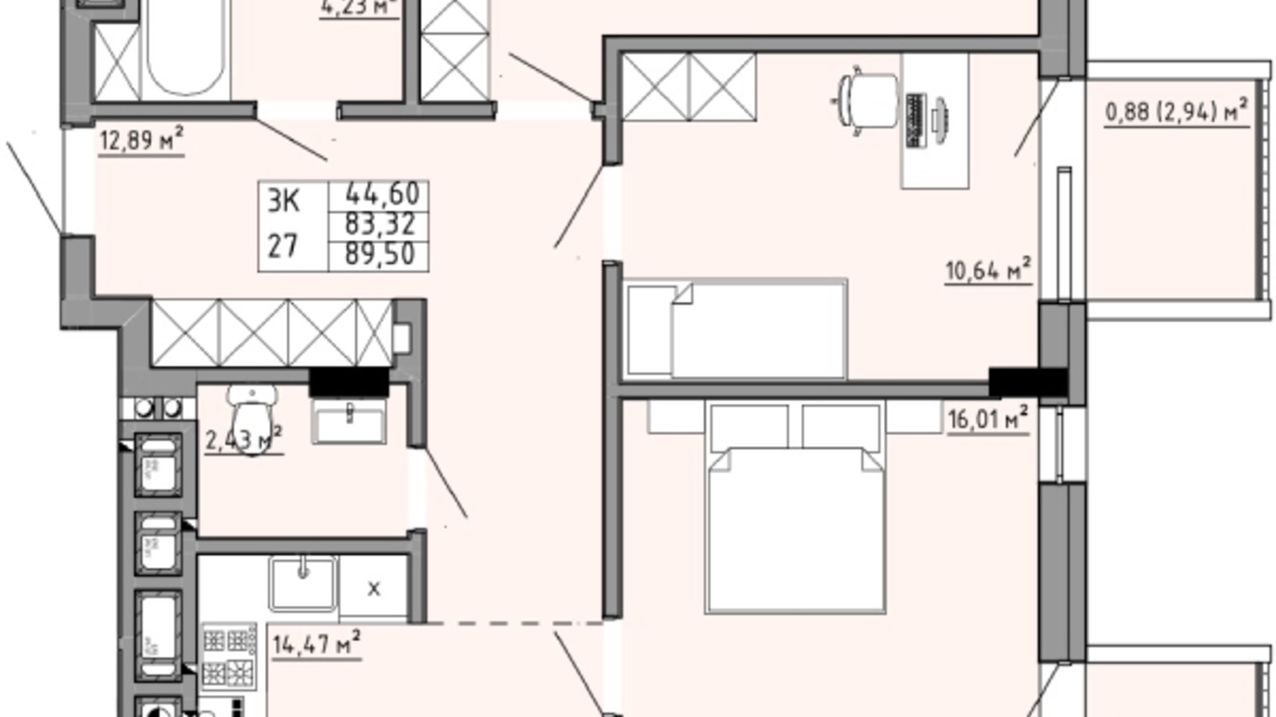 Планування 3-кімнатної квартири в ЖК Family House  89.5 м², фото 353892