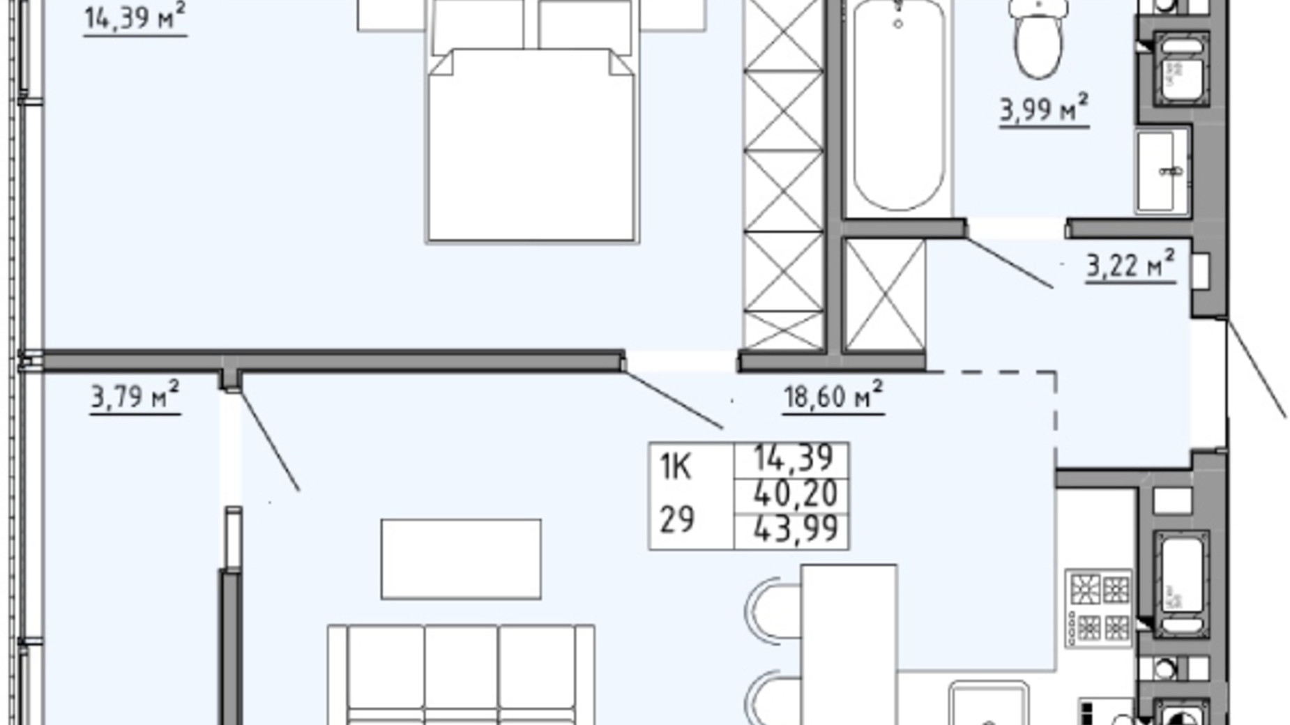 Планування 1-кімнатної квартири в ЖК Family House  43.99 м², фото 353897