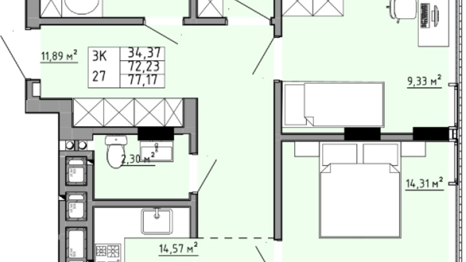 Планировка 3-комнатной квартиры в ЖК Family House  77.17 м², фото 353903