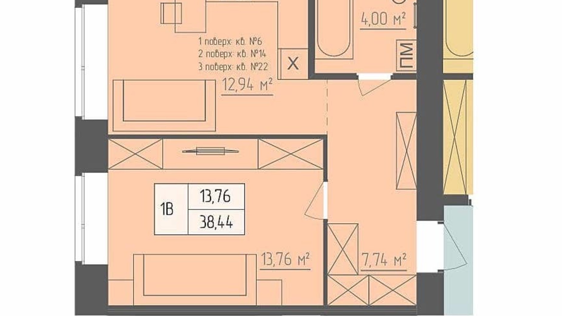 Планування 1-кімнатної квартири в ЖК Abricos 38.44 м², фото 353972