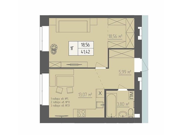 ЖК Абрикос: планування 1-кімнатної квартири 41.42 м²