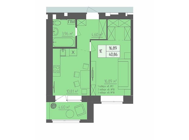 ЖК Abricos: планировка 1-комнатной квартиры 40.86 м²