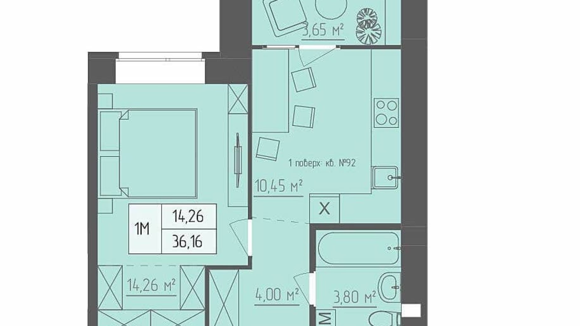 Планировка 1-комнатной квартиры в ЖК Abricos 36.16 м², фото 353975