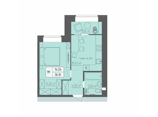 ЖК Абрикос: планування 1-кімнатної квартири 36.16 м²