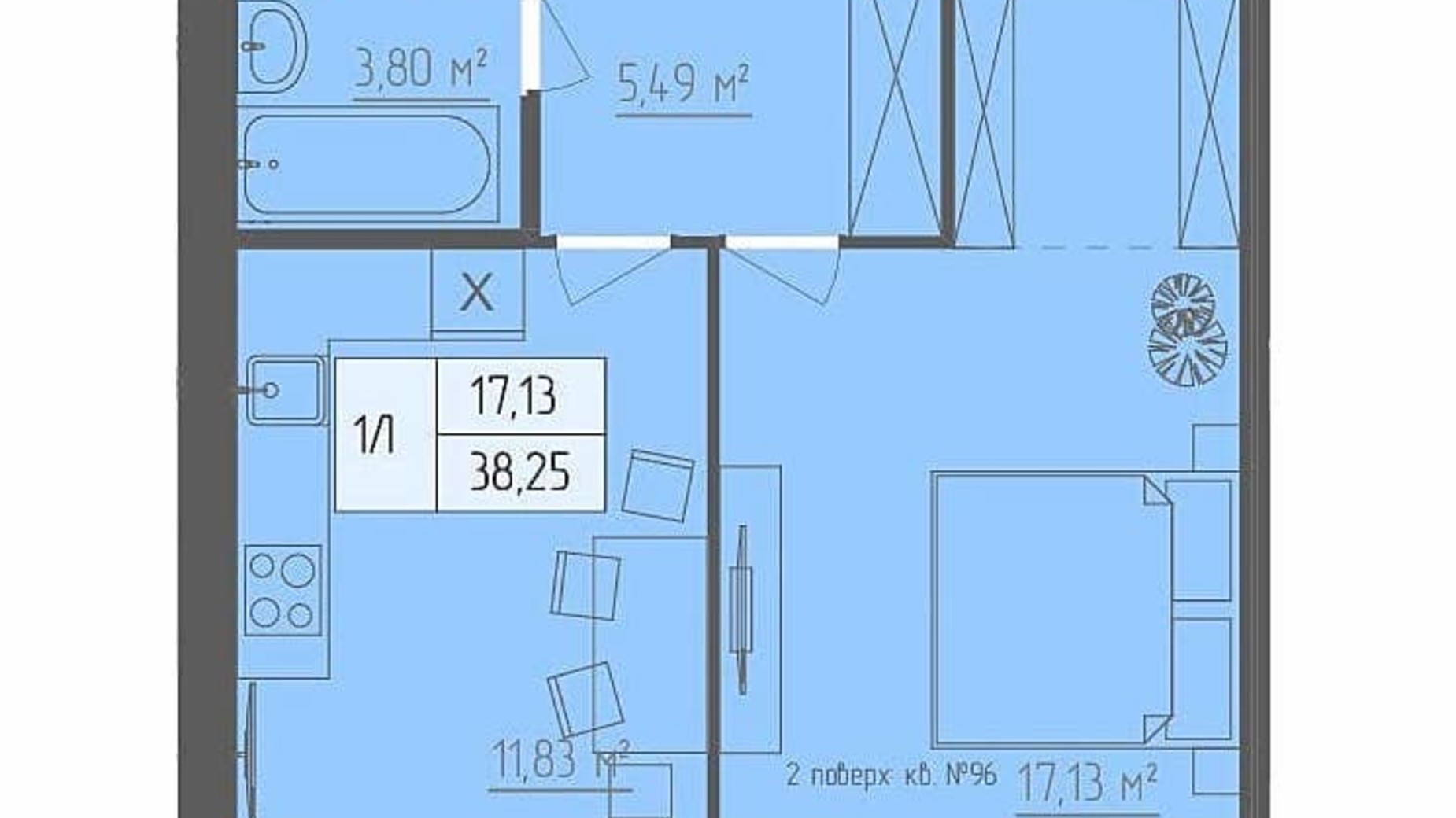 Планування 1-кімнатної квартири в ЖК Abricos 38.25 м², фото 353978