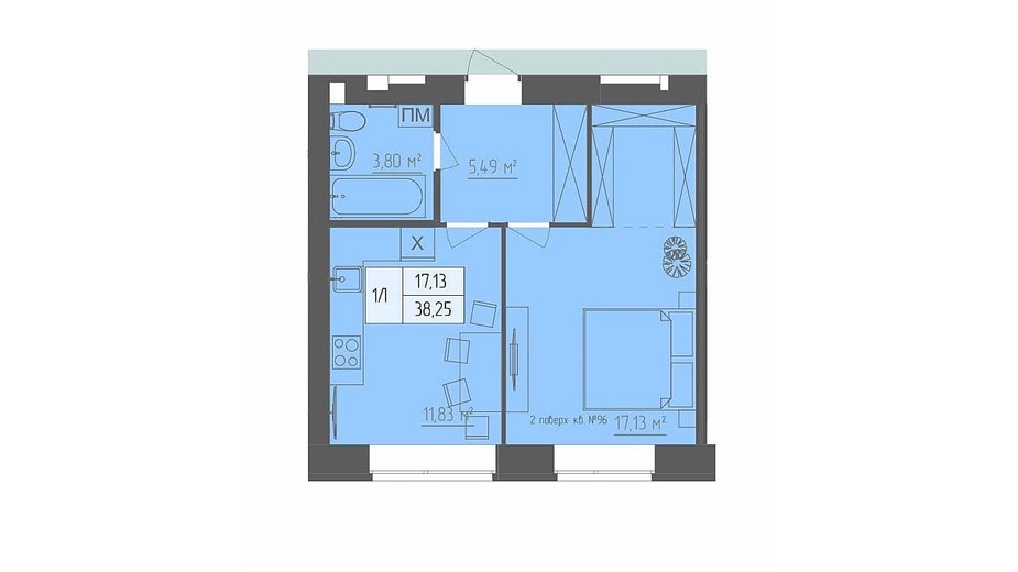 Планировка 1-комнатной квартиры в ЖК Абрикос 38.25 м², фото 353978