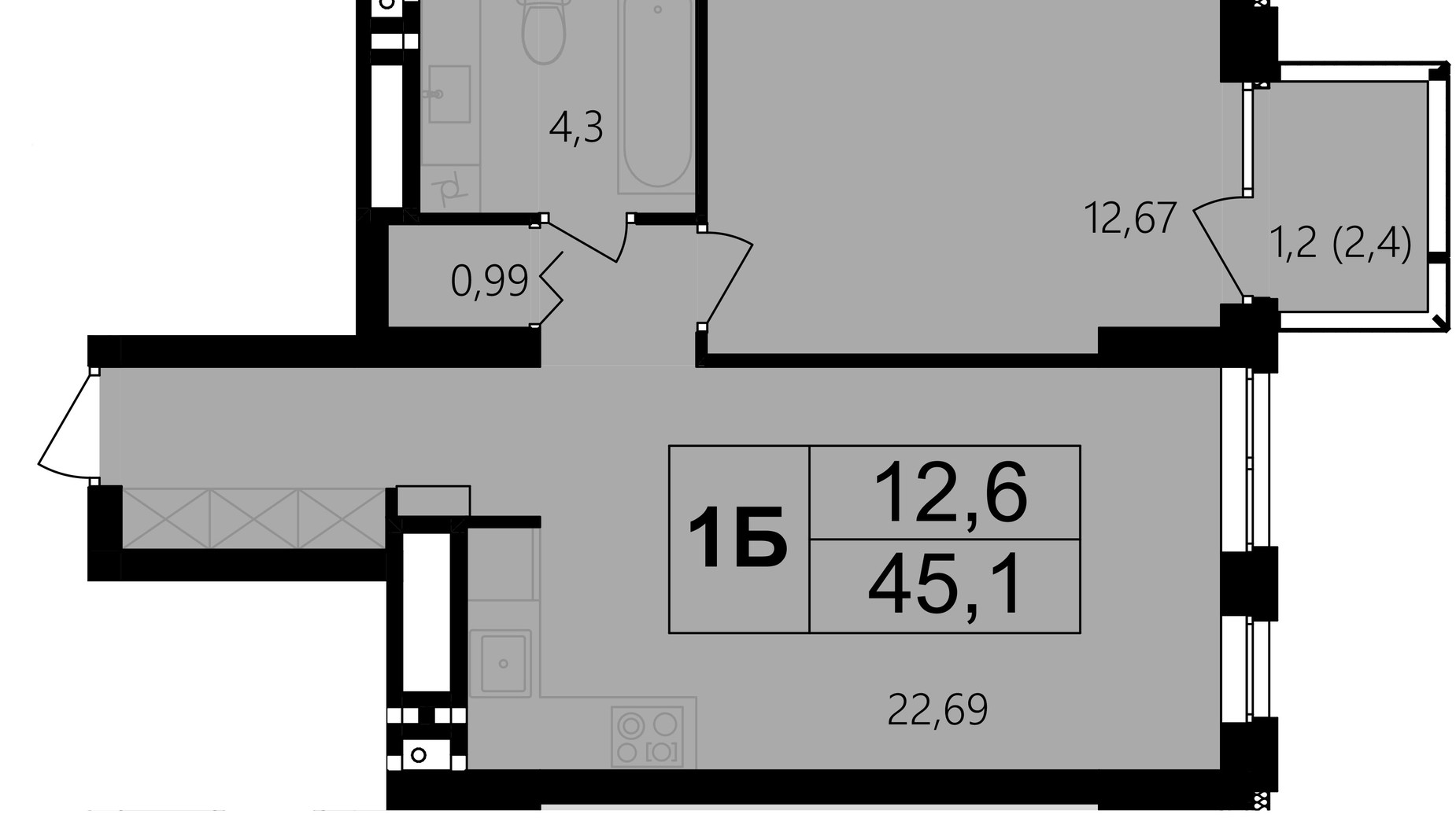 Планировка 1-комнатной квартиры в ЖК Central Park Vinnytsia 44.1 м², фото 354022