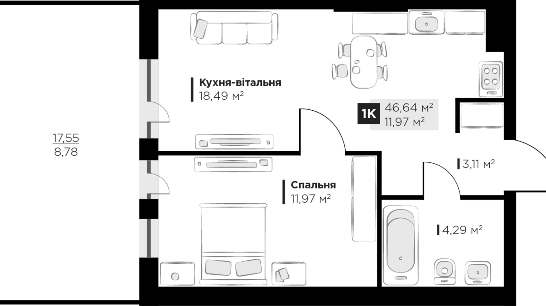 Планировка 1-комнатной квартиры в ЖК PERFECT LIFE 46.64 м², фото 354070