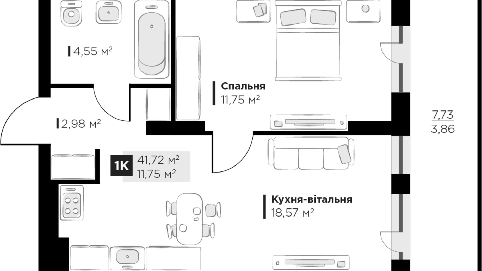 Планировка 1-комнатной квартиры в ЖК PERFECT LIFE 41.72 м², фото 354071